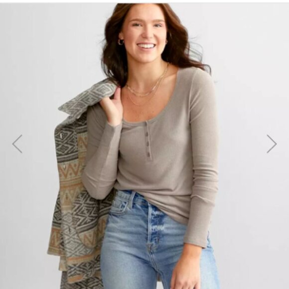 Z Supply Cait Long Sleeve Ribbed Henley Top - Earth - Size Small - Picture 1 of 8